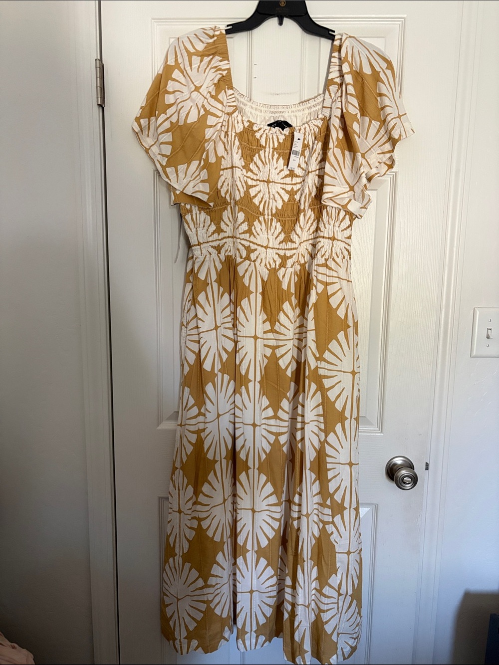 Women's khaki/white Floral Maxi Dress with Smocked Bodice w/ pockets. Cotton